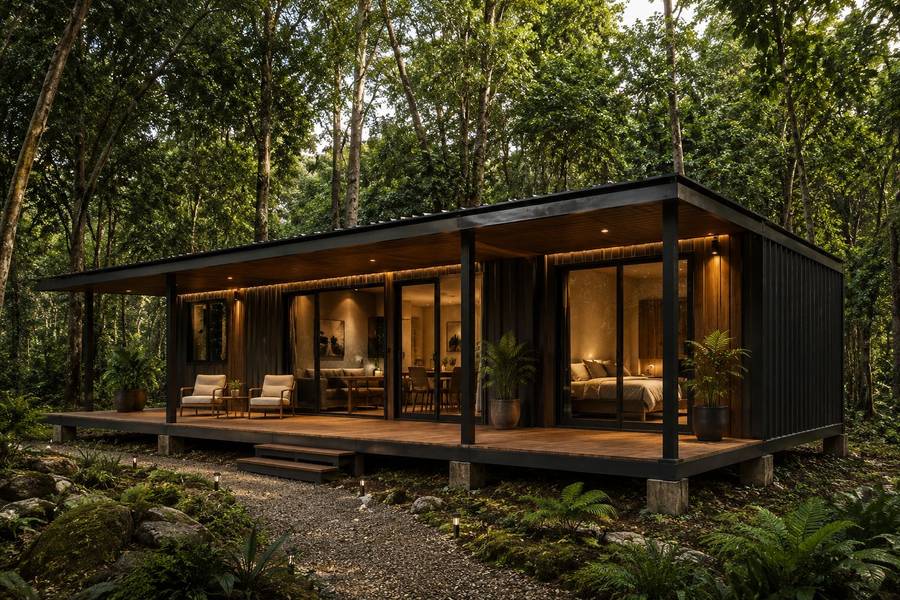 Forest Standard, cabaña de un nivel con terraza iluminada